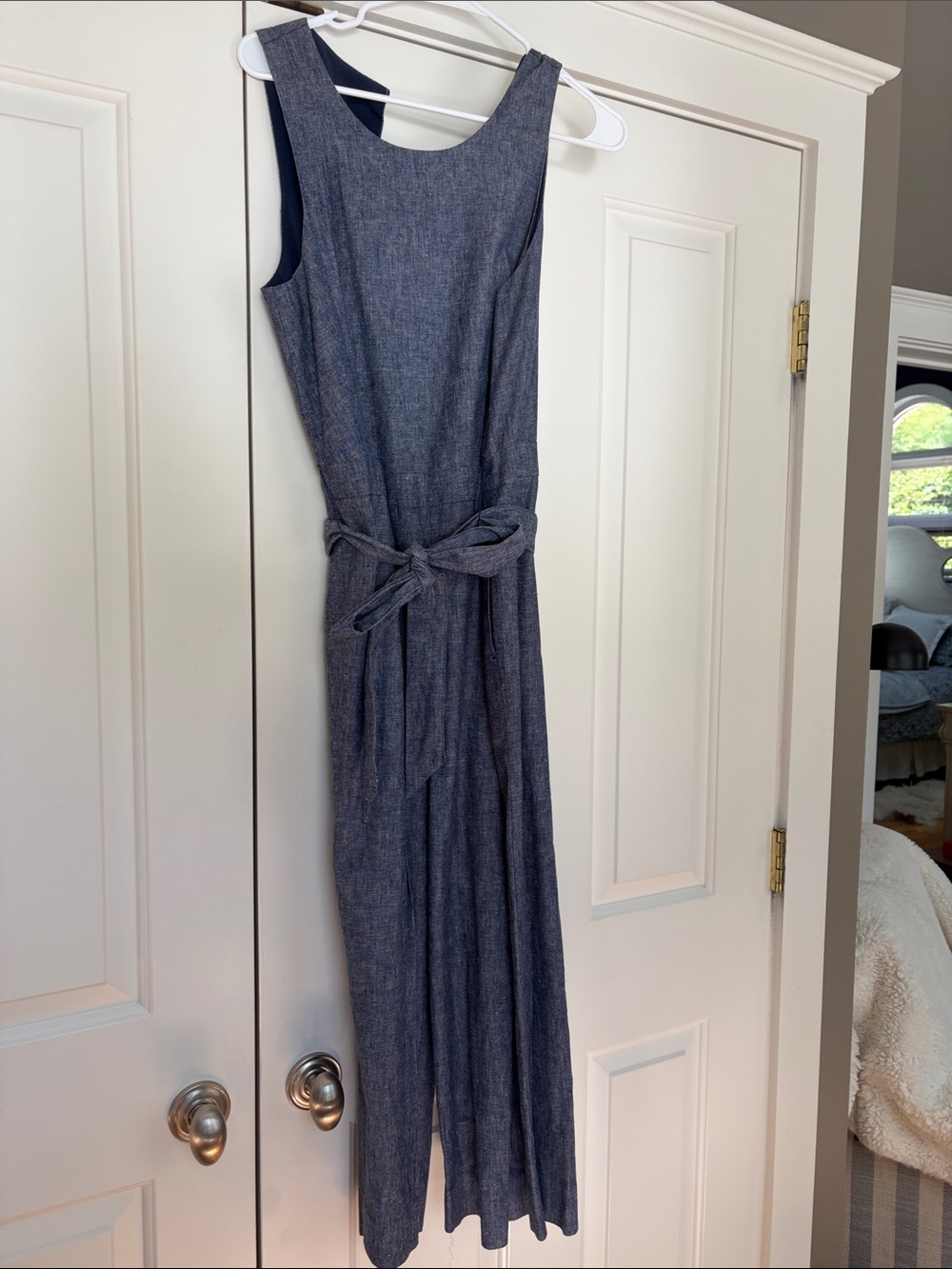 Banana Republic Sleeveless Chambray Tie-Waist Jumpsuit in Denim Blue
